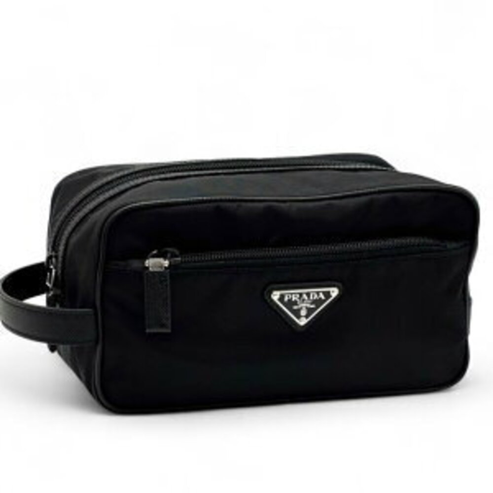 Prada Triangle Logo Clutch Bag Leather Black
